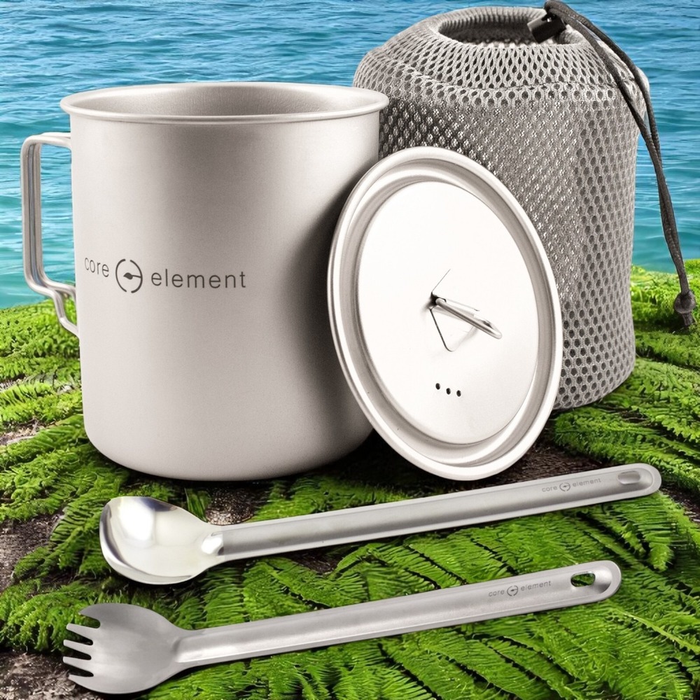 Bundle of Titanium Cookware Ultralight 25oz 750ml Cup Mug Long Spoon Spork